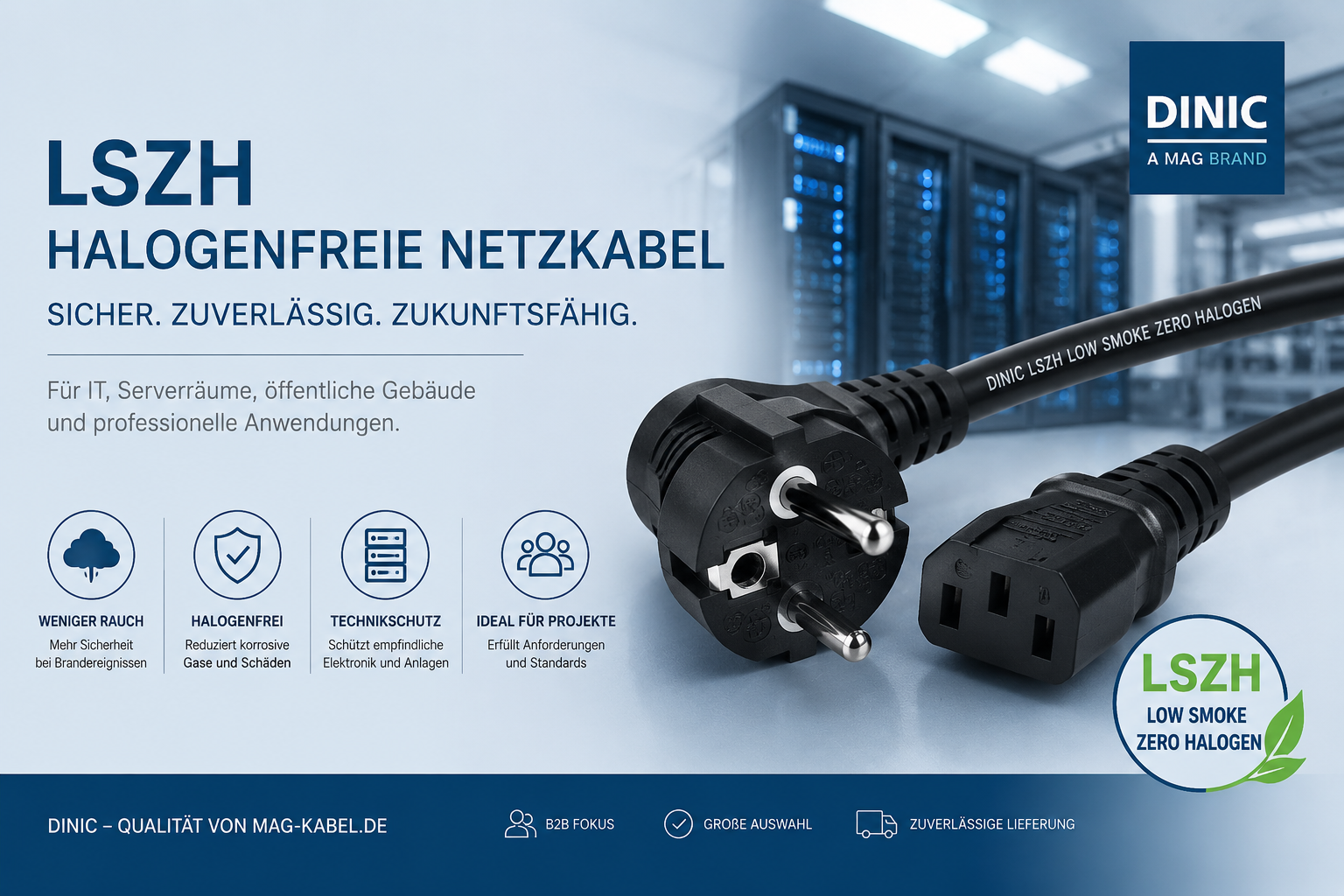 Halogenfreie LSZH Netzkabel von DINIC für IT, Serverräume und professionelle Anwendungen