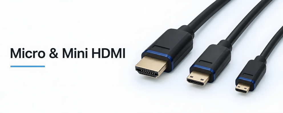 HDMI-, Mini-HDMI- und Micro-HDMI-Stecker im Größenvergleich