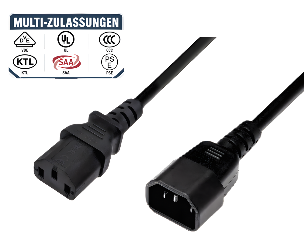 C13 auf C14 Kaltgeräteverlängerung mit internationalen Multi-Zulassungen