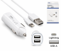 Preview: iPhone/iPad USB Ladeadapter + Lightning Kabel, Car Kit, 12V, 2x USB 5V 3100mA, MFI zertifiziert, weiß, DINIC Box mit Euroloch, 1m