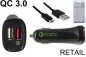 Preview: USB KFZ QC3 Ladeadapter + USB C auf A Kabel, Ausg. 1: 5V 2,4A; Ausg. 2: 5V/3A, 9V/2A, 12V/1,5A, schwarz, DINIC Blister mit Euroloch, 1,00m