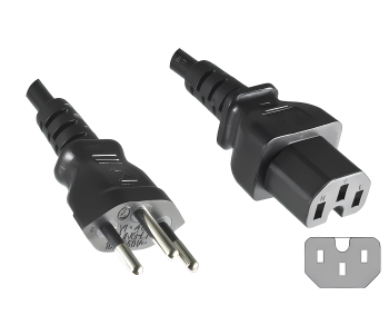 Netzkabel Schweiz Typ J (teilisoliert) auf C15 Warmgeräte, 1mm², Zulassung: SEV, schwarz, Länge 1,80m