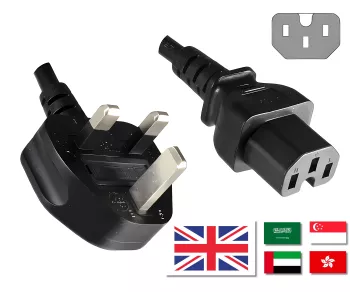 Netzkabel England UK Typ G 10A auf C15, 1mm², Zulassung: ASTA, schwarz, Länge 1,80m