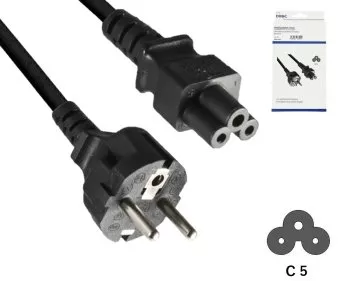 Mains cable Europe CEE 7/7 to C5, 0.75mm², CEE 7/7/IEC 60320 to C5, VDE, black, DINIC box with Euro hole, length 1.80m