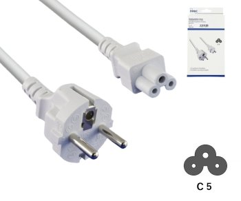 Mains cable Europe CEE 7/7 to C5, 0.75mm², CEE 7/7/IEC 60320 to C5, VDE, white, DINIC box with Euro hole, length 1.80m