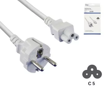 Câble secteur Europe CEE 7/7 sur C5, 0,75mm², CEE 7/7/IEC 60320 sur C5, VDE, blanc, longueur 1,80m, DINIC Box