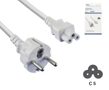 Мрежов кабел Europe CEE 7/7 до C5, 0.75mm², CEE 7/7/IEC 60320 до C5, VDE, бял, дължина 1.80m, кутия DINIC