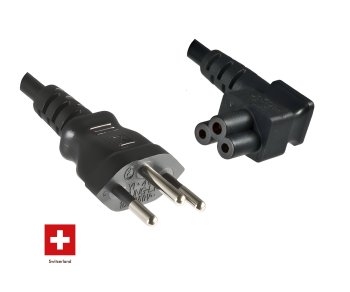 Netzkabel Schweiz Typ J (teilisoliert) auf C5 90°, 0,75mm², Zulassung: SEV, schwarz, Länge 3,00m