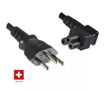 Mains cable Switzerland type J (partially insulated) to C5 90°, 0.75mm², approval: SEV, black, length 3.00m