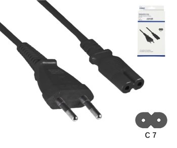 Virtajohto Euro-pistoke tyyppi C-C7, 0.75mm², Euro-pistoke/IEC 60320-C7, VDE, musta, DINIC-kotelo, pituus 5.00m.