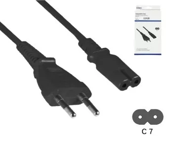 Strømkabel Euro-stik type C til C7, 0,75 mm², Euro-stik/IEC 60320-C7, VDE, sort, længde 0,50 m, DINIC-boks