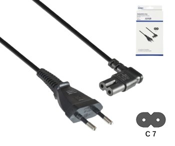 Kabel sieciowy kątowy typu C do C7, 0,75 mm², wtyczka Euro/IEC 60320-C7, VDE, czarny, puszka DINIC, długość 2,00 m