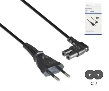 Ъглов мрежов кабел тип C към C7, 0,75 mm², евро щепсел/IEC 60320-C7, VDE, черен, дължина 2,00 m, кутия DINIC