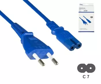 Power cord Euro plug type C to C7, 0,75mm², Euro plug/IEC 60320-C7, VDE, blue, length 1,80m, DINIC Box