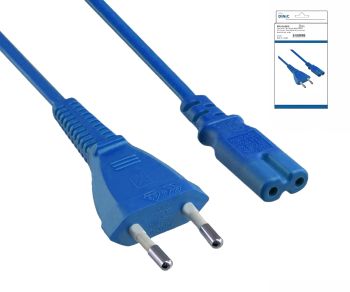 Καλώδιο τροφοδοσίας τύπου C έως C7, 0,75mm², βύσμα Euro/IEC 60320-C7, VDE, μπλε, κουτί DINIC με οπή Euro, μήκος 1,80m