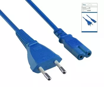Napajalni kabel Euro vtič tipa C do C7, 0,75 mm², Euro vtič/IEC 60320-C7, VDE, moder, škatla DINIC z Euro luknjo, dolžina 1,80 m