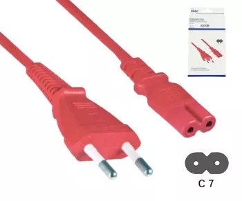 Strømkabel Euro-stik type C til C7, 0,75 mm², Euro-stik/IEC 60320-C7, VDE, rød, længde 1,80 m, DINIC-boks