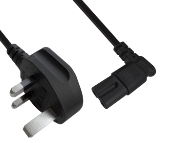 Tīkla kabelis England UK G tips 3A uz C7 leņķveida (kreisais, labais), 0,75 mm², apstiprinājums: ASTA, melns, garums 1,80 m