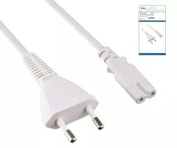 Napájecí kabel Euro zástrčka typ C na C7, 0,75 mm², Euro zástrčka/IEC 60320-C7, VDE, bílý, krabice DINIC s Euro otvorem, délka 2,00 m