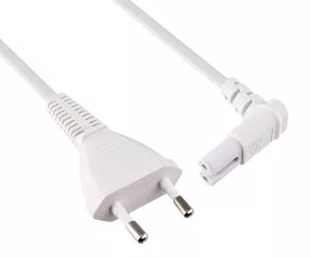 Prise européenne type C sur C7 coudée à 90° vers le bas, 0,75mm², VDE, blanc, longueur 2,00m