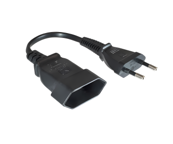 Strømkabel Euro-plugg til Euro-kontakt, 0,75 mm², Euro CEE 7/16, skjøteledning, svart, DINIC-boks med Euro-hull, lengde 0,20 m