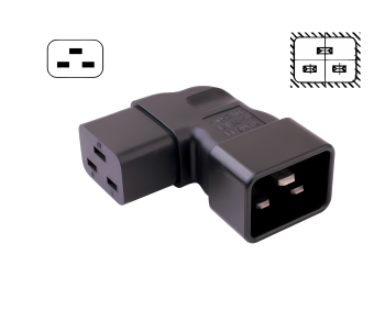 C19 to C20 angled mains adapter, YL-3318L IEC 60320-C19/20 angled sideways, left/right