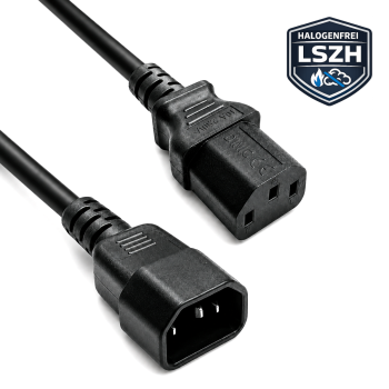 Kaltgerätekabel C13 auf C14, YP-32/YC-12 LSZH / halogenfrei, 1mm², Verlängerung, VDE, schwarz, 3,00m