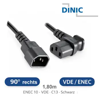 Kaltgerätekabel C13 90° auf C14, 1mm², Verlängerung, VDE, schwarz, Länge 1,80m