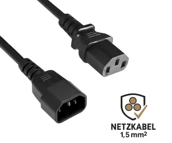 Καλώδιο IEC με πολύ μεγάλη διατομή 1,5mm², C13 έως C14, προέκταση, VDE, μαύρο, 3m