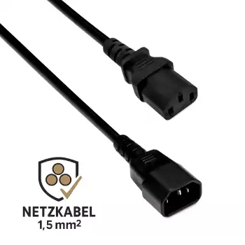 IEC-kabel met extra grote doorsnede van 1,5mm², C13 naar C14, verlenging, VDE, zwart, 1,80m