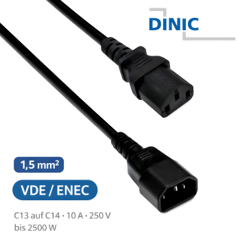 IEC kabel s extra velkým průřezem 1,5 mm², C13 až C14, prodlužovací, VDE, černý, 1,80 m