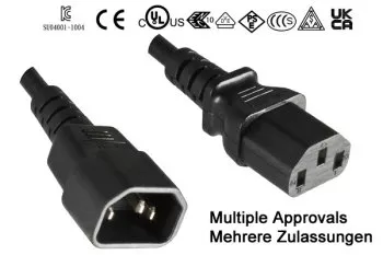 Cable de alimentación C13 a C14, prolongación, 1mm², multi homologaciones: VDE/UL/CCC/KTL/SAA/PSE, negro, longitud 1,00m