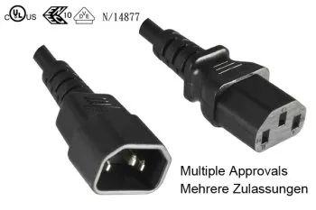 Cable de alimentación C13 a C14, prolongación, 1mm², multi homologaciones: VDE/UL/CCC/KTL/SAA/PSE, negro, longitud 5,00m