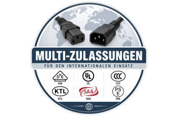 Kaltgerätekabel C13 auf C14, Verlängerung, 1mm², Multi-Zulassungen: VDE/UL/CCC/KTL/SAA/PSE, schwarz, Länge 5,00m
