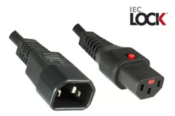 Cable de alimentación C14 a C13, 1mm², con bloqueo, prolongación, VDE, negro, longitud 2,00m