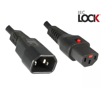 Power cable C14 to C13, 1mm², with lock, extension, VDE, black, length 2.00m