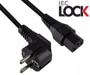 Захранващ кабел Europe CEE 7/7 90° към C13, 1mm², със заключване, черен, дължина 2.00m