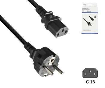 Mains cable Europe CEE 7/7 straight to C13, 0.75mm², CEE 7/7/IEC 60320-C13, VDE, black, DINIC box with Euro hole, length 1.00m