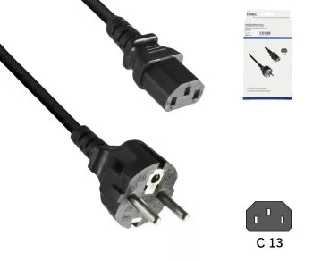 Hálózati kábel Európa CEE 7/7 egyenes C13-ra, 0,75mm², CEE 7/7/IEC 60320-C13, VDE, fekete, hossza 1,00m, DINIC dobozban