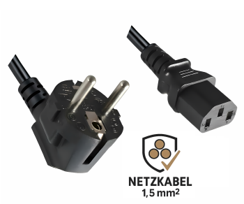 Omrežni kabel z zelo velikim presekom 1,5 mm², CEE 7/7 90° do C13, VDE-certifikat, črn, dolžina 5 m