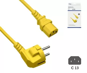 Kabel sieciowy Europa CEE 7/7 90° do C13, 0,75 mm², VDE, żółty, długość 1,80 m, puszka DINIC