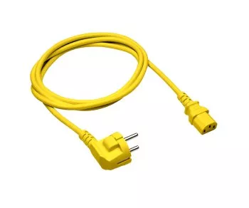 Netzkabel Europa CEE 7/7 90° auf C13, 0,75mm², VDE, gelb, DINIC Box mit Euroloch, Länge 1,80m