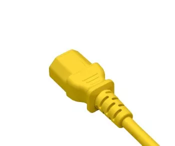 Netzkabel Europa CEE 7/7 90° auf C13, 0,75mm², VDE, gelb, DINIC Box mit Euroloch, Länge 1,80m