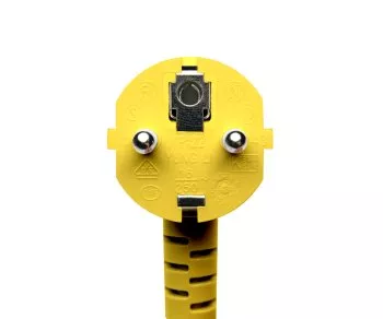 Netzkabel Europa CEE 7/7 90° auf C13, 0,75mm², VDE, gelb, DINIC Box mit Euroloch, Länge 1,80m