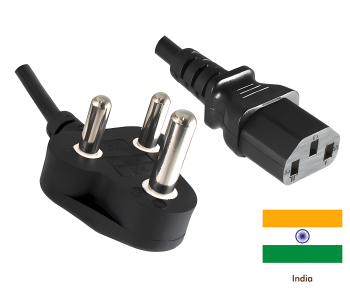 Power cable India type M to C13, 1.5mm², 16A, approval: BIS, black, length 5.00m