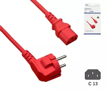 Mains cable Europe CEE 7/7 90° to C13, 0.75mm², VDE, red, DINIC box with Euro hole, length 1.80m