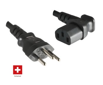Netzkabel Schweiz Typ J (teilisoliert) auf C13 90°, 1mm², Zulassung: SEV, schwarz, Länge 3,00m