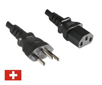 Netzkabel Schweiz Typ J (teilisoliert) auf C13, 1mm², Zulassung: SEV, schwarz, Länge 5,00m