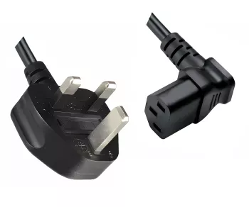 Mains cable England UK type G 10A to C13 90°, 0.75mm², approved: ASTA / SASO /HK and Singapore SM, black, length 1.80m