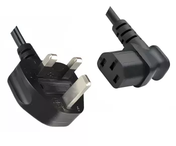 Mains cable England UK type G 10A to C13 90°, 0.75mm², approved: ASTA /SASO /HK and Singapore SM, black, length 2.00m